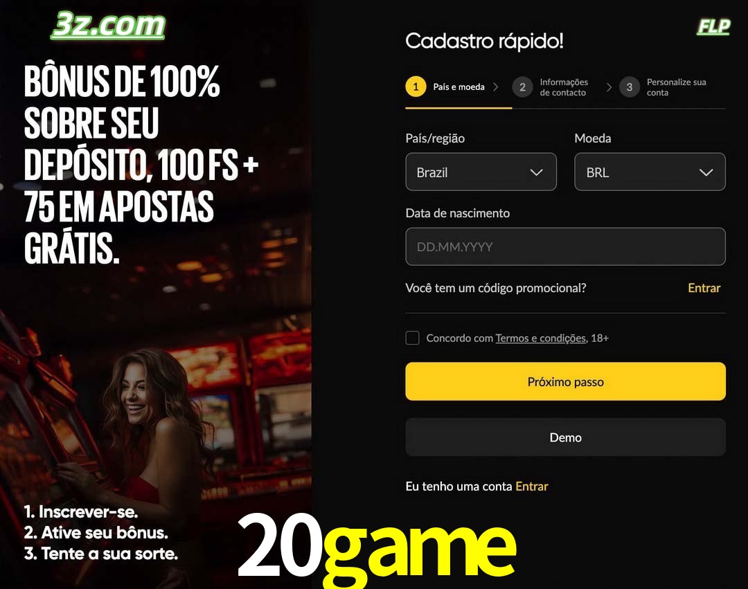 20game registro oficial cassino online Brasil com bônus de depósito e free spins